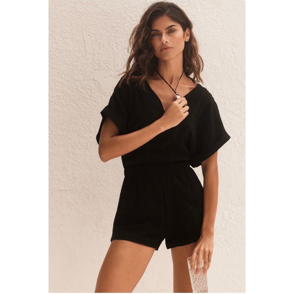 Malai Amalfi V-Neck Romper Small Black Tie Back Resort Anthropologie Party - Picture 4 of 8